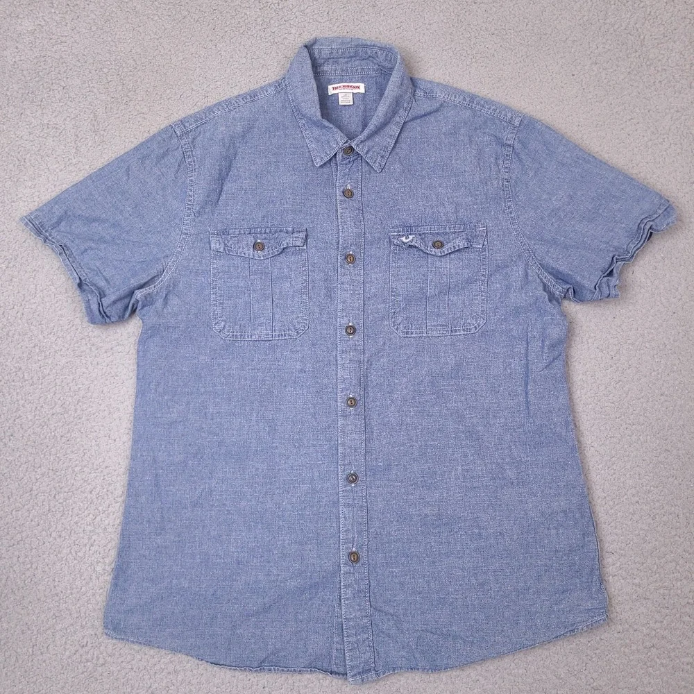 True Religion Shirt‎ Mens Large Blue Denim Chambray Short Sleeve Button Utility